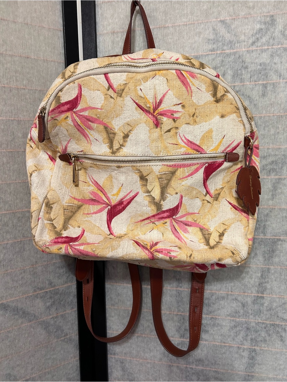 TOMMY BAHAMA Backpack Birds of Paradise Linen Blend Leather Trim Lined Pockets
